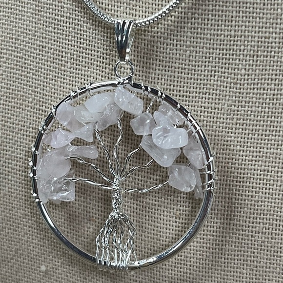 WIRE WRAPPED ROSE QUARTZ TREE OF LIFE PENDANT WITH CHAIN - Picture 5 of 6